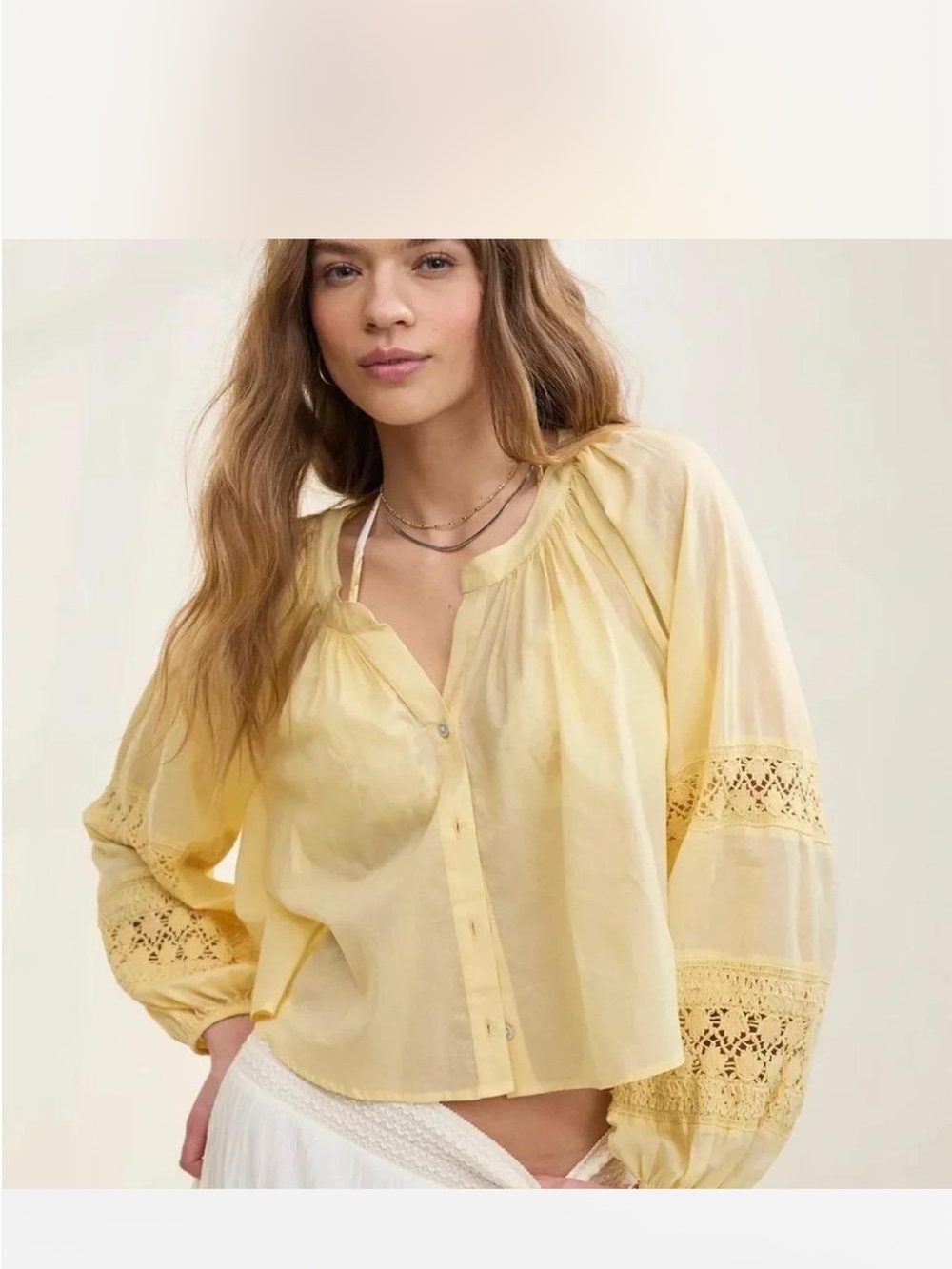 aerie Soft Yellow Eyelet-Sleeve Button Front Blouse
